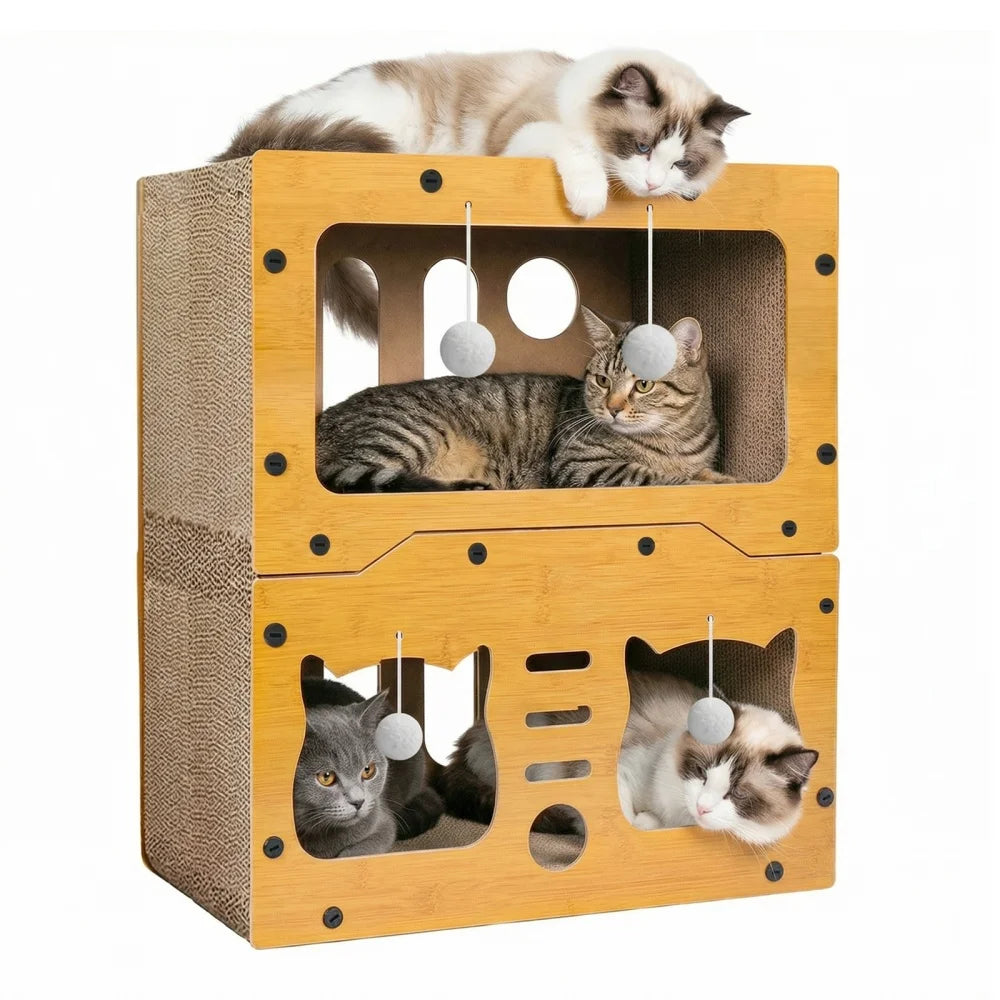 Cat Scratcher Bed Wooden Detachable Corrugated Board, Cat Hole Hanging Ball Toy, Large Space Cardboard Cat Bed Apartment