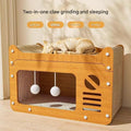 Cat Scratcher Bed Wooden Detachable Corrugated Board, Cat Hole Hanging Ball Toy, Large Space Cardboard Cat Bed Apartment