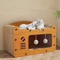 Cat Scratcher Bed Wooden Detachable Corrugated Board, Cat Hole Hanging Ball Toy, Large Space Cardboard Cat Bed Apartment